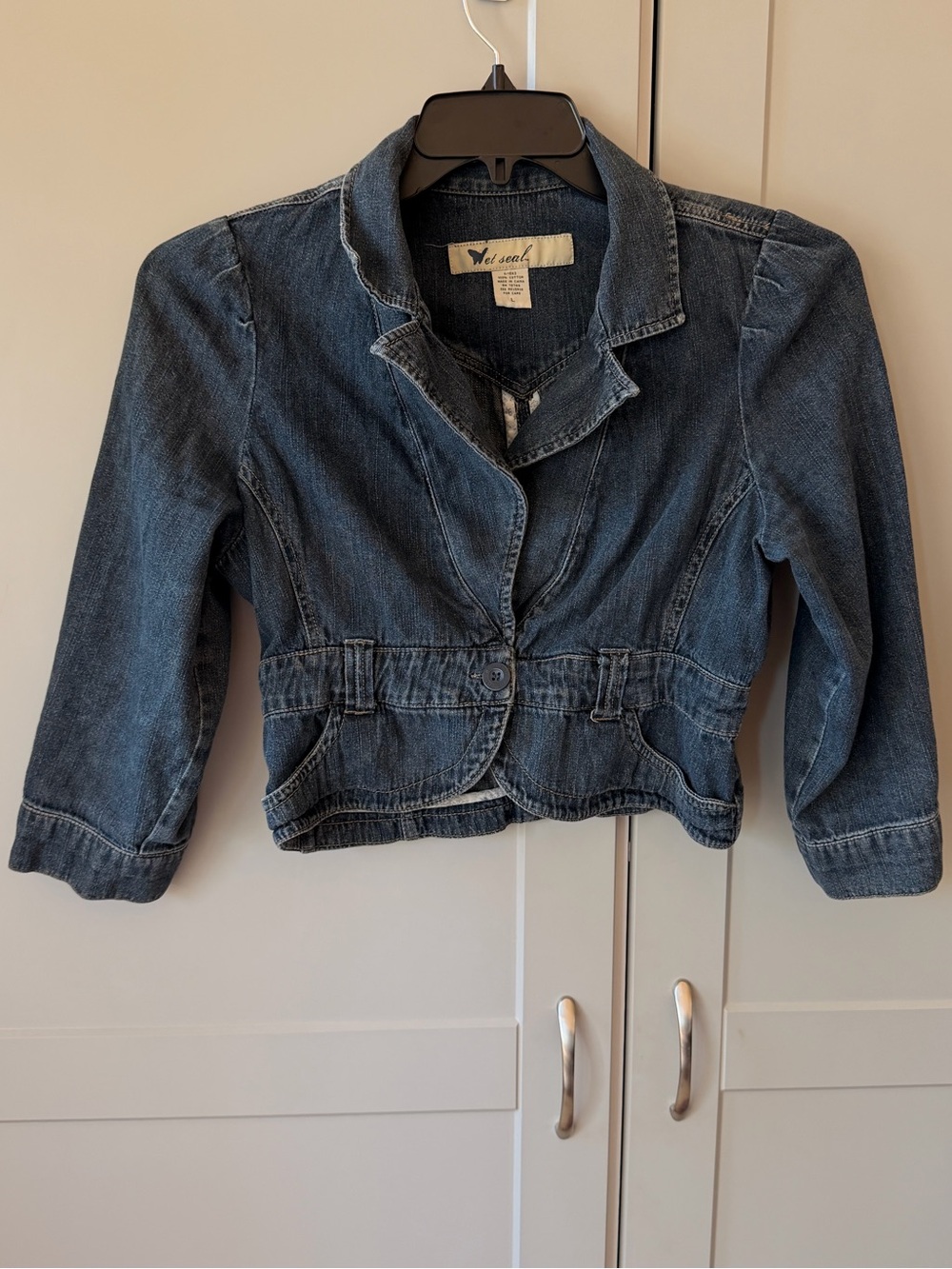 Vintage Y2K Wet Seal Cropped Denim Blazer Jacket Fitted Dark Wash Size L